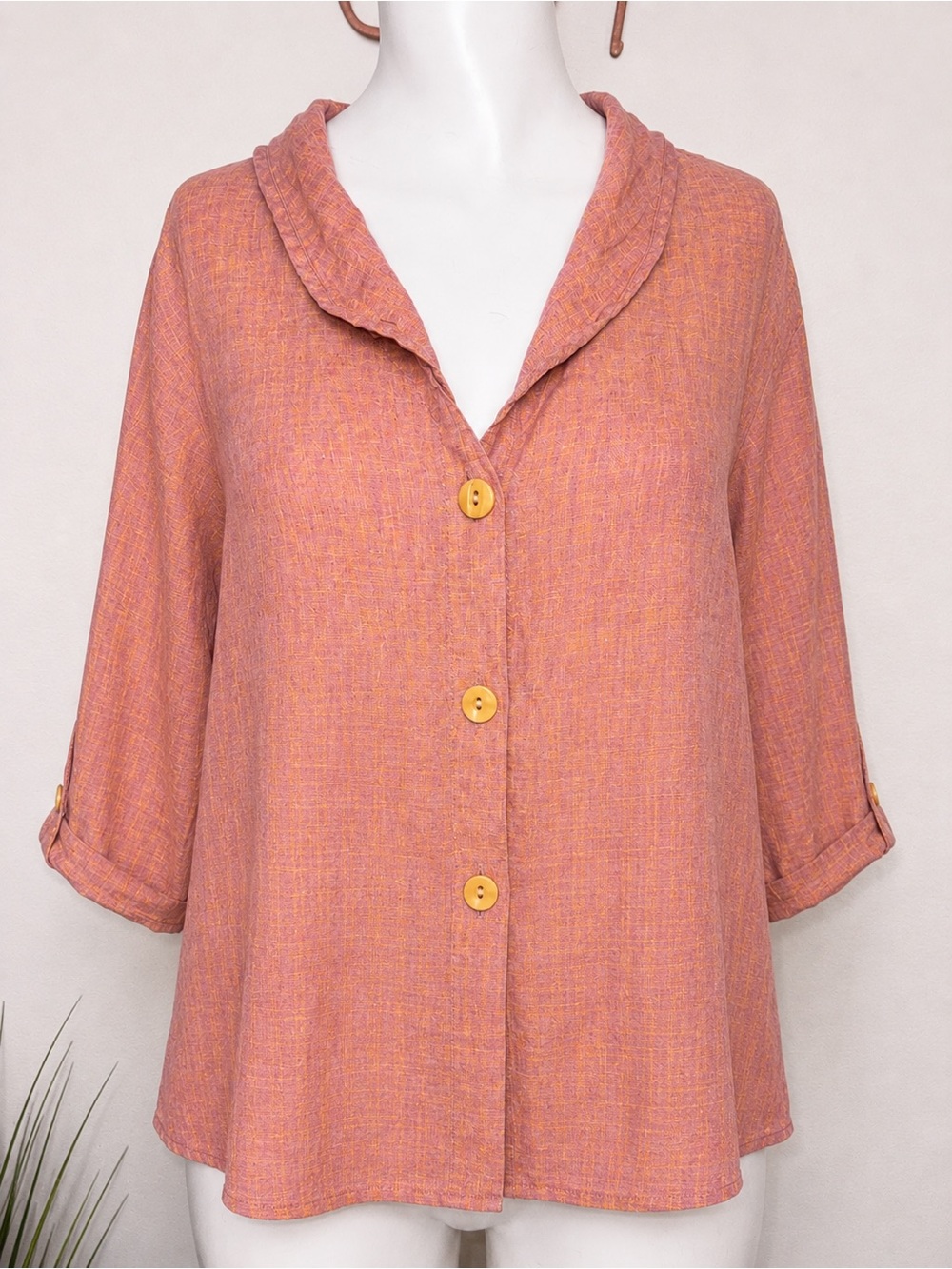 FLAX Jeanne Engelhart Pink Mauve Linen Button Front Top Large